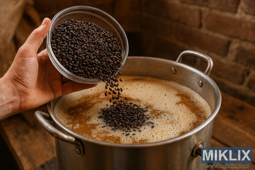 Prim-plan al malÈului de grÃ¢u Midnight turnat Ã®ntr-un vas fierbinte de piure de bere Ã®ntr-un cadru rustic de casÄ