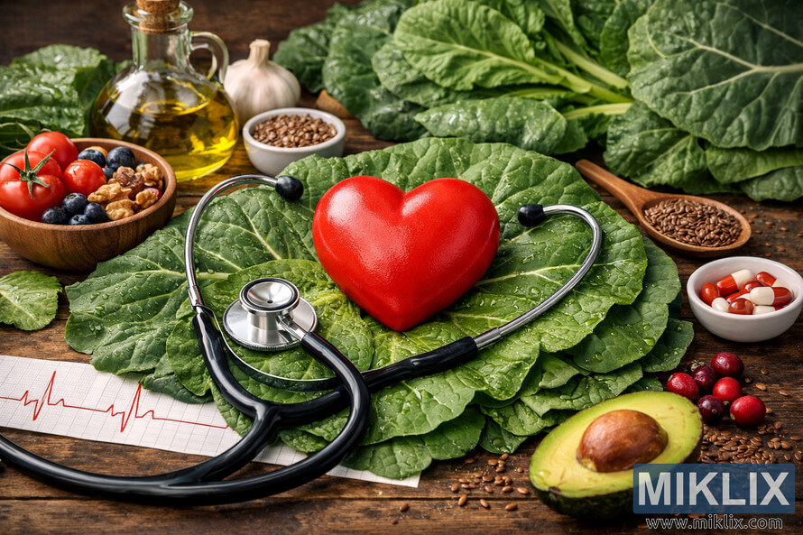 Heart health concept with collard greens, red heart, stethoscope, and healthy foods arranged on a rustic wooden surface. Heart health concept with collard greens, red heart, stethoscope, and healthy foods arranged on a rustic wooden surface.