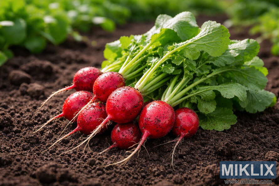 A bunch of bright red radishes with green leafy tops freshly pulled from dark garden soil.