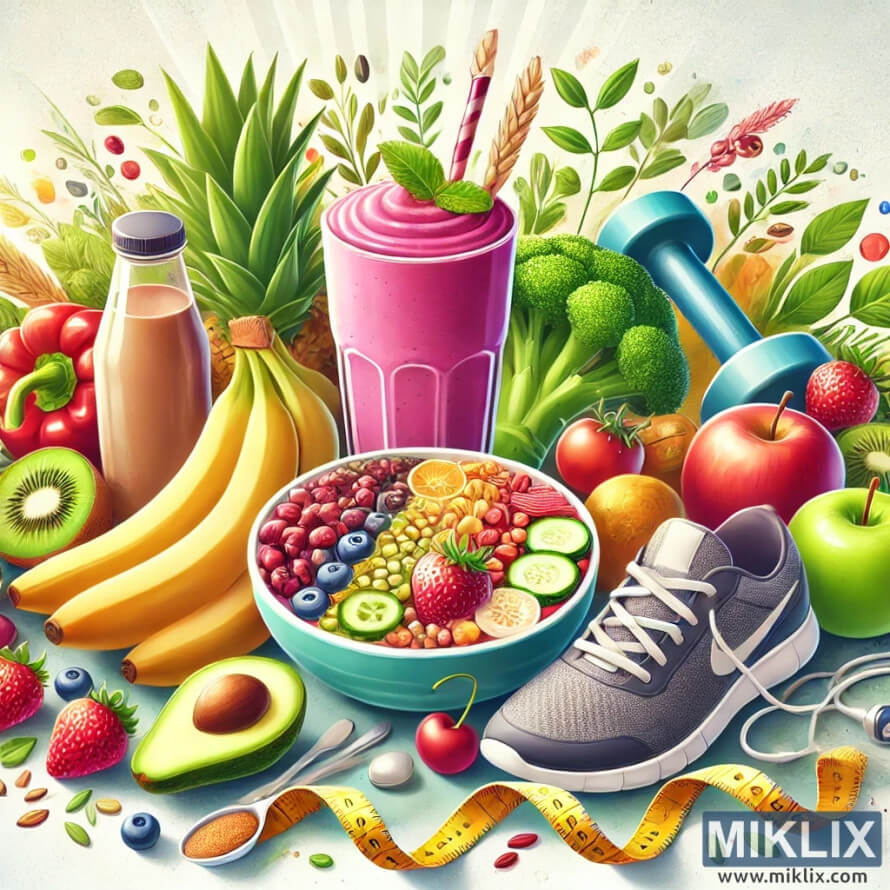 Healthy lifestyle with fruits, smoothie, fitness gear, and nutrition.