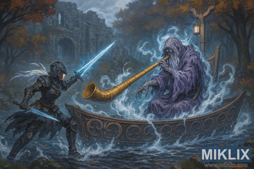 Anime-stil borbena scena Tarnished bori Tibia Mariner u Elden Ring je Vindham Ruins Anime-stil borbena scena Tarnished bori Tibia Mariner u Elden Ring je Vindham Ruins