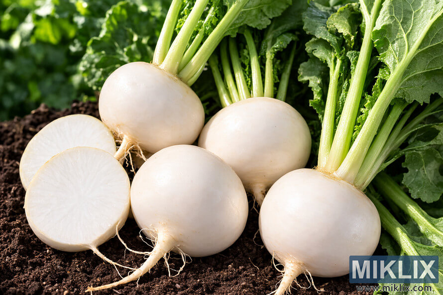 Fresh Tokyo Cross white globe turnips with leafy green tops resting on dark soil, including one sliced turnip showing the crisp white interior.