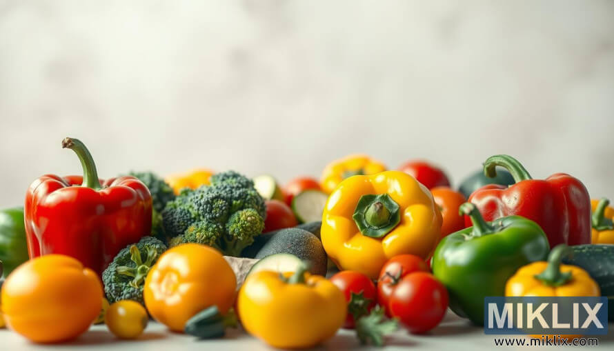 Crvene, Å¾ute i zelene paprike s brokulom, tikvicama i cherry rajÄicama u mekom prirodnom svjetlu.