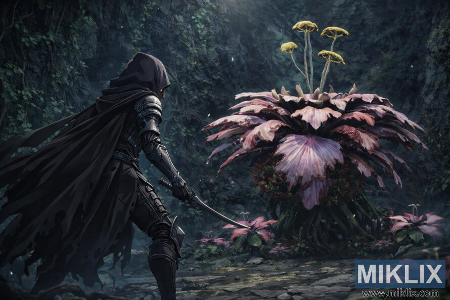 Sanaa ya mashabiki wa mtindo wa anime ya silaha ya Tarnished in Black Knife inayomkabili bosi wa Miranda Blossom kwa uangalifu ndani ya vilindi vya Tombsward Cave, muda mfupi kabla ya vita kuanza.