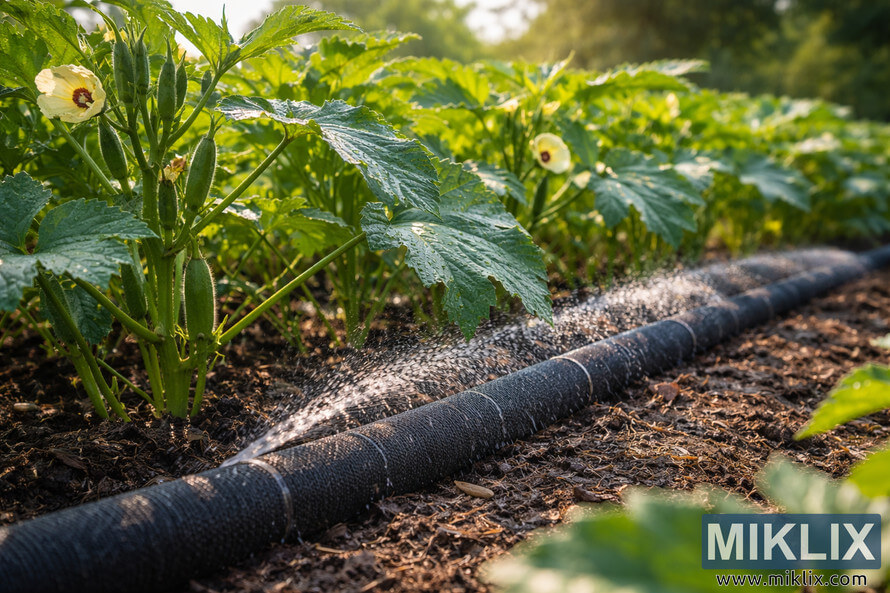 Soaker hose slowly watering a row of green okra plants growing in mulched garden soil under warm sunlight.