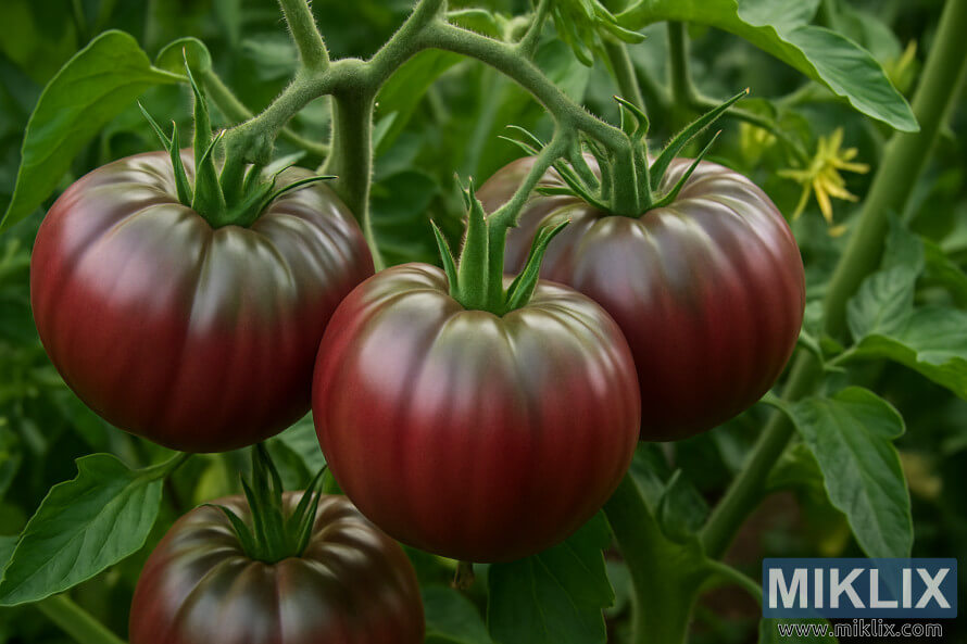 Bá»n quáº£ cÃ  chua Cherokee Purple chÃ­n má»ng treo trÃªn dÃ¢y leo, xung quanh lÃ  nhá»¯ng chiáº¿c lÃ¡ xanh tÆ°Æ¡i.