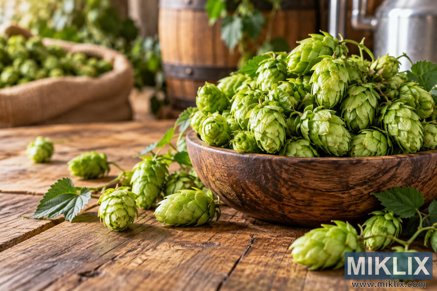 Fresh vibrant green hop cones overflowing from a dark wooden bowl and scattered across a rustic brewing table, with a burlap sack, wooden barrel, leafy vines, and softly blurred brewing equipment in the warm background. Fresh vibrant green hop cones overflowing from a dark wooden bowl and scattered across a rustic brewing table, with a burlap sack, wooden barrel, leafy vines, and softly blurred brewing equipment in the warm background.