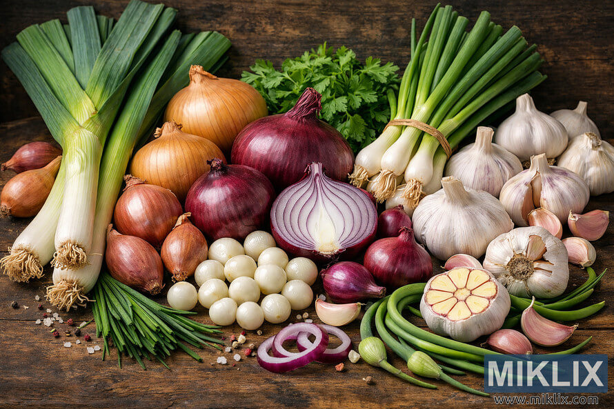 High-resolution landscape photo of assorted allium vegetables arranged on a rustic wooden surface, including red onions, brown onions, shallots, leeks, spring onions, garlic bulbs and cloves, pearl onions, garlic scapes, and chives, with sliced onion rings, cut garlic, coarse salt, and peppercorns scattered in the foreground against a softly blurred dark wooden background. High-resolution landscape photo of assorted allium vegetables arranged on a rustic wooden surface, including red onions, brown onions, shallots, leeks, spring onions, garlic bulbs and cloves, pearl onions, garlic scapes, and chives, with sliced onion rings, cut garlic, coarse salt, and peppercorns scattered in the foreground against a softly blurred dark wooden background.