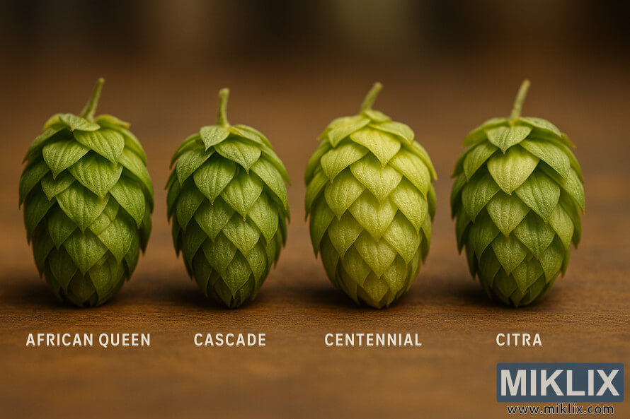 Close-up of African Queen hops beside Cascade, Centennial, and Citra cones under soft natural light with blurred background. Close-up of African Queen hops beside Cascade, Centennial, and Citra cones under soft natural light with blurred background.