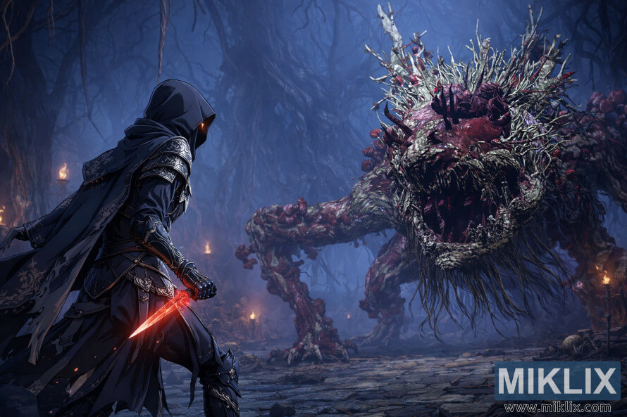 Anime-style fan art of the Tarnished in Black Knife armor cautiously approaching the Ulcerated Tree Spirit inside Fringefolk Hero's Grave in Elden Ring, moments before combat.