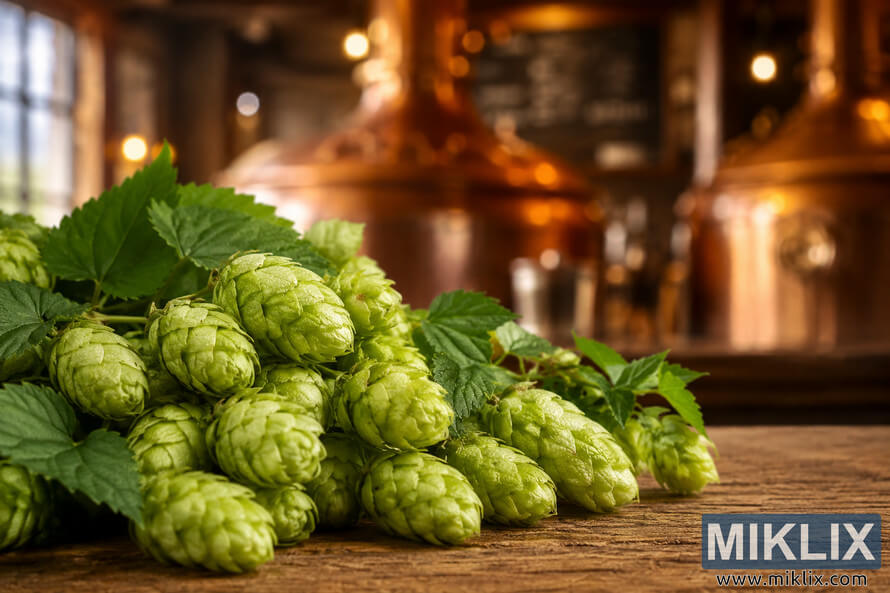 Close-up macro photograph of fresh Golding hops with dewy green cones and leaves resting on a rustic wooden table inside a warmly lit brewery with blurred copper brewing kettles in the background.