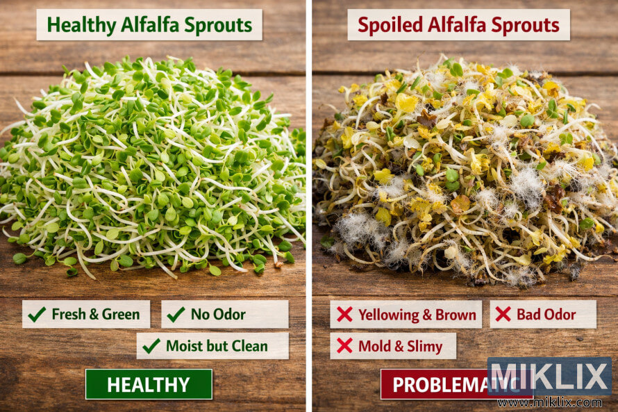 Comparaison cÃ´te Ã  cÃ´te de pousses de luzerne vertes et saines et de pousses de luzerne abÃ®mÃ©es et moisies sur une surface en bois, avec des Ã©tiquettes mettant en Ã©vidence la fraÃ®cheur par rapport Ã  la dÃ©tÃ©rioration.