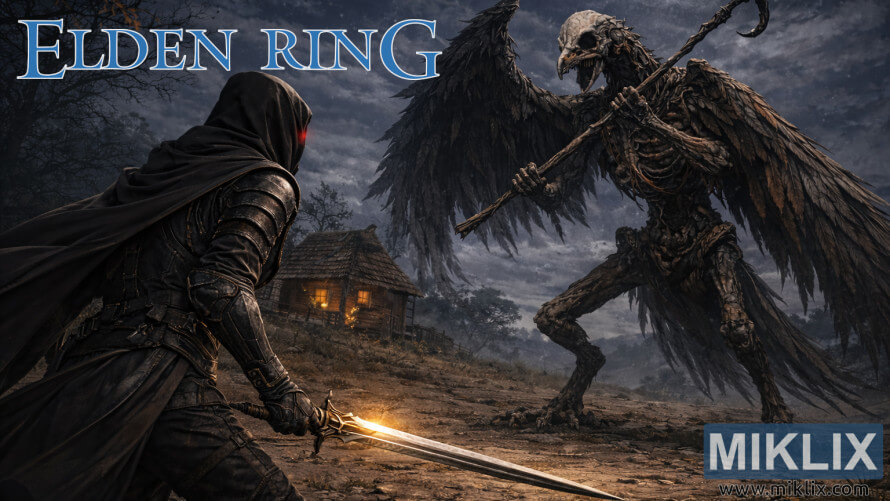 رسمة فنية خيالية مظلمة لشخصية "تارنيشد" ذات غطاء رأس ترتدي درع "بلاك نايف" وتحمل سيفًا متوهجًا بينما تواجه طائر الموت الهيكلي العملاق بالقرب من كوخ مضاء ليلاً. رسمة فنية خيالية مظلمة لشخصية "تارنيشد" ذات غطاء رأس ترتدي درع "بلاك نايف" وتحمل سيفًا متوهجًا بينما تواجه طائر الموت الهيكلي العملاق بالقرب من كوخ مضاء ليلاً.