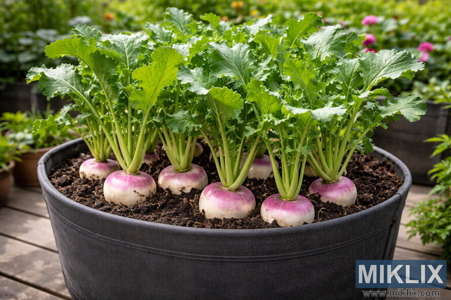 Healthy turnips growing in a large black container pot with lush green leaves on a wooden deck in a sunlit garden.