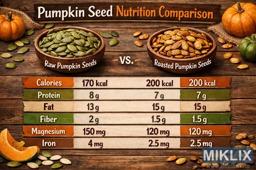 Infographic comparing the nutritional values of raw and roasted pumpkin seeds, showing calories, protein, fat, fiber, magnesium, and iron on a wooden background with bowls of seeds and decorative pumpkins.