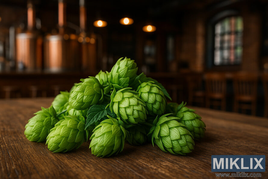 Hromada ÄerstvÃ½ch zelenÃ½ch chmelovÃ½ch Å¡iÅ¡ek Kitamidori leÅ¾Ã­cÃ­ch na rustikÃ¡lnÃ­m dÅevÄnÃ©m stole v teplÃ©m, slabÄ osvÄtlenÃ©m pivovaru.