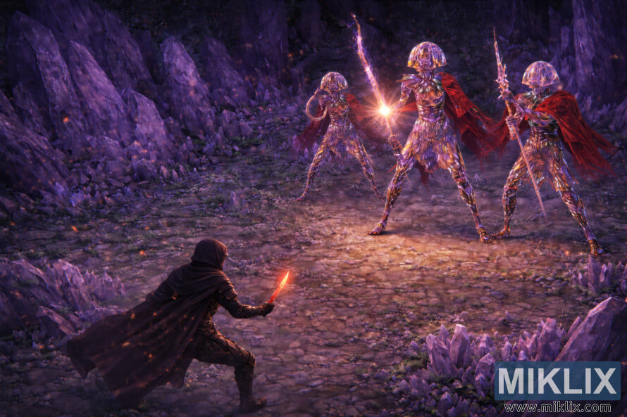 Isometric anime-style fan art showing the Tarnished with a glowing red dagger confronting three towering Putrid Crystalians in a violet crystal cavern.
