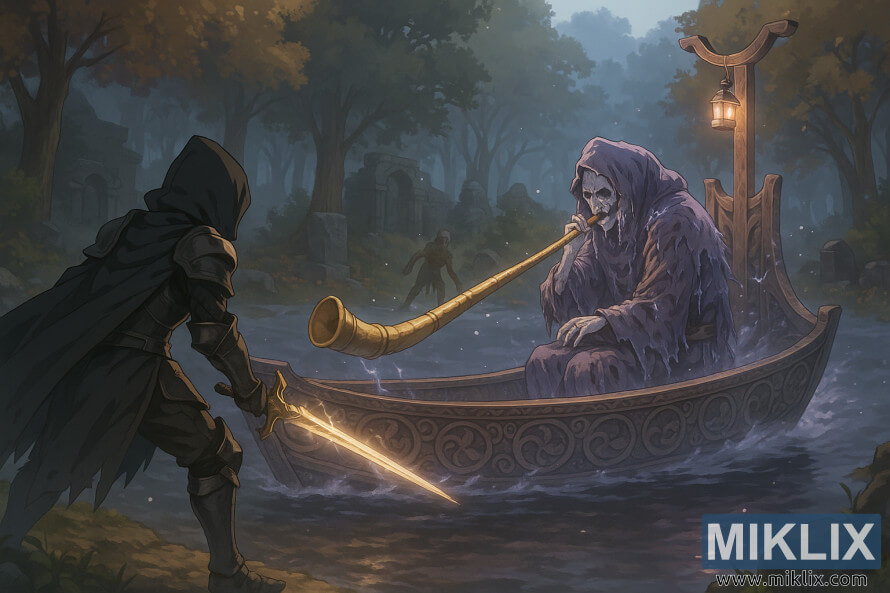 Anime stil Elden Ring fan art koji prikazuje Tarnished u oklopu Black Knife koji se suoÄava sa Tibia Mariner u sablasnom Äamcu usred maglovitih ruÅ¡evina. Anime stil Elden Ring fan art koji prikazuje Tarnished u oklopu Black Knife koji se suoÄava sa Tibia Mariner u sablasnom Äamcu usred maglovitih ruÅ¡evina.