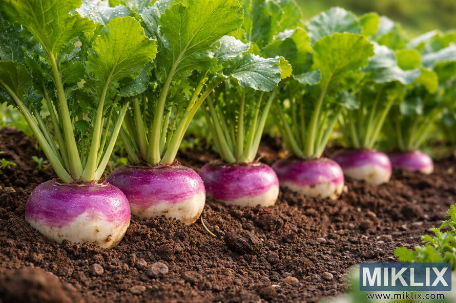 Row of healthy turnip plants with purple tops emerging from dark, fertile garden soil