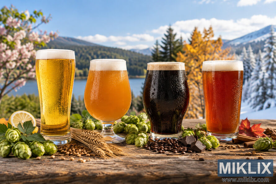 Four unbranded beers in golden, hazy amber, dark brown, and reddish amber styles stand on a rustic wooden table with fresh green hops, grain, citrus, roasted ingredients, cinnamon, and seasonal foliage, against a mountain landscape transitioning from spring blossoms and summer greenery to autumn leaves and winter snow. Four unbranded beers in golden, hazy amber, dark brown, and reddish amber styles stand on a rustic wooden table with fresh green hops, grain, citrus, roasted ingredients, cinnamon, and seasonal foliage, against a mountain landscape transitioning from spring blossoms and summer greenery to autumn leaves and winter snow.