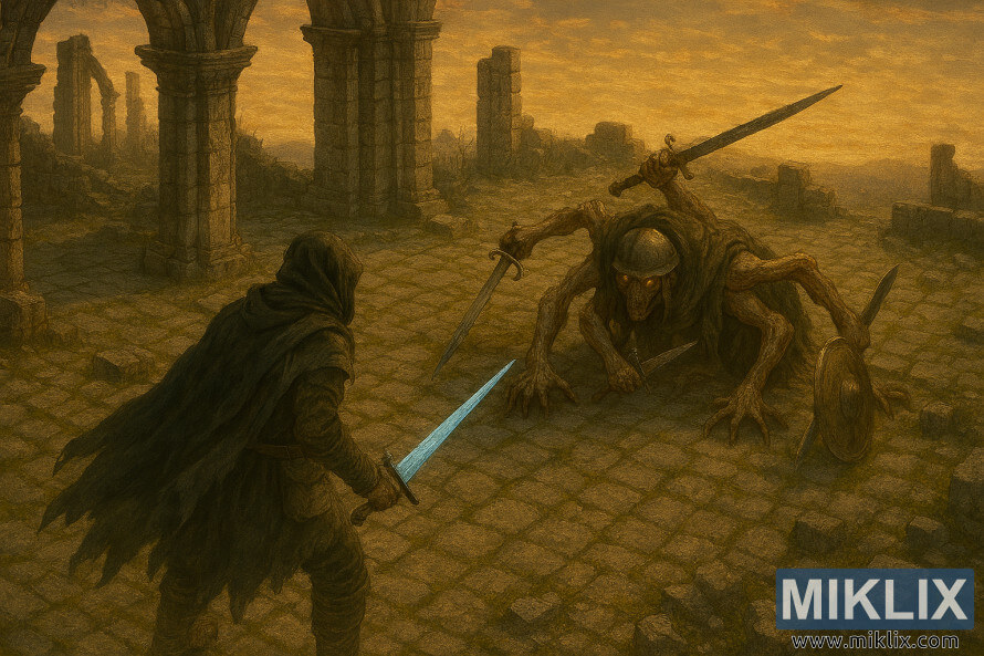 ÎÎ¼Î¹ÏÎµÎ±Î»Î¹ÏÏÎ¹ÎºÎ® fan art Î±ÏÏ ÏÎ¿ Elden Ring, Î¼Îµ ÏÎ¿ÏÏ Tarnished Î½Î± Î±Î½ÏÎ¹Î¼ÎµÏÏÏÎ¯Î¶Î¿ÏÎ½ Î­Î½Î±Î½ Î³ÎºÏÎ¿ÏÎ­ÏÎºÎ¿, ÎµÎ¼Î²Î¿Î»Î¹Î±ÏÎ¼Î­Î½Î¿ Î±ÏÏÎ³Î¿Î½Î¿ Î¼Îµ ÎºÏÎ¬Î½Î¿Ï ÏÎ¿Ï ÏÎ­ÏÎ½ÎµÏÎ±Î¹ ÏÏÎ± Î¬ÎºÏÎ± ÏÎ¿Ï.