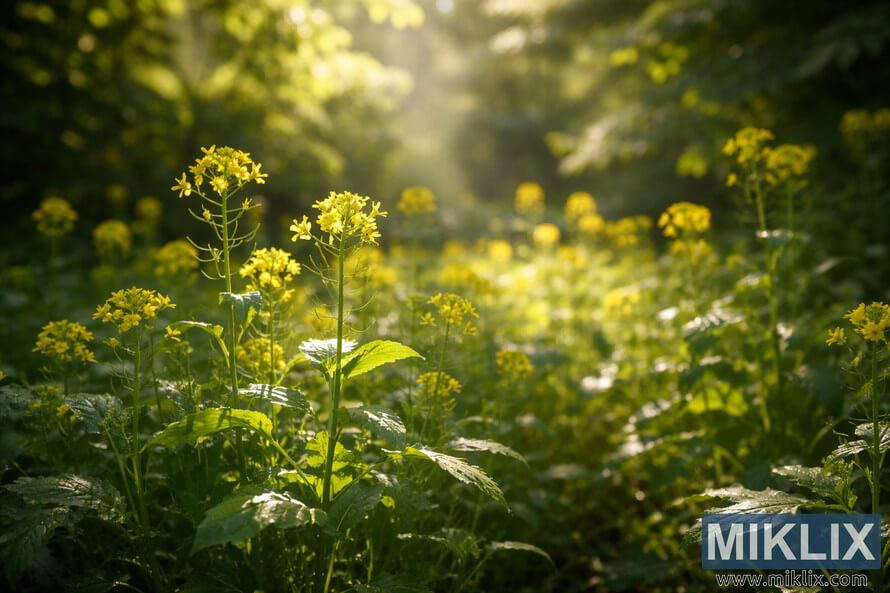 Mustard plants with yellow blossoms growing in partial shade, illuminated by soft dappled sunlight in a lush green landscape.
