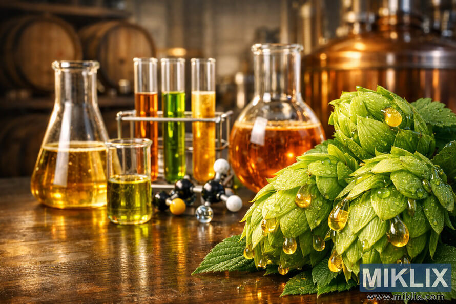 Vibrant green hop cones with glistening resin drops in the foreground, laboratory glassware filled with colorful alpha acid extracts in the middle ground, and a softly blurred brewery with wooden barrels in the background.