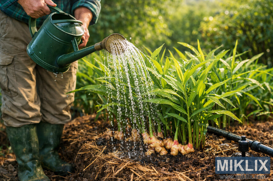 Een tuinier geeft gezonde gemberplanten water met een gieter met een lange tuit, waarbij hij het vocht concentreert op de grond rond de groene bladeren en de zichtbare gemberwortelstokken. Een tuinier geeft gezonde gemberplanten water met een gieter met een lange tuit, waarbij hij het vocht concentreert op de grond rond de groene bladeren en de zichtbare gemberwortelstokken.