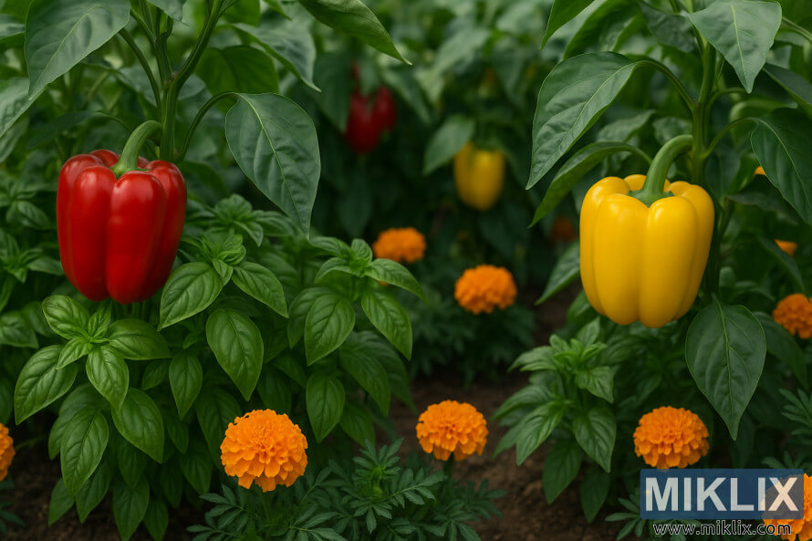 Red and yellow bell peppers growing alongside basil and orange marigolds in a lush garden.