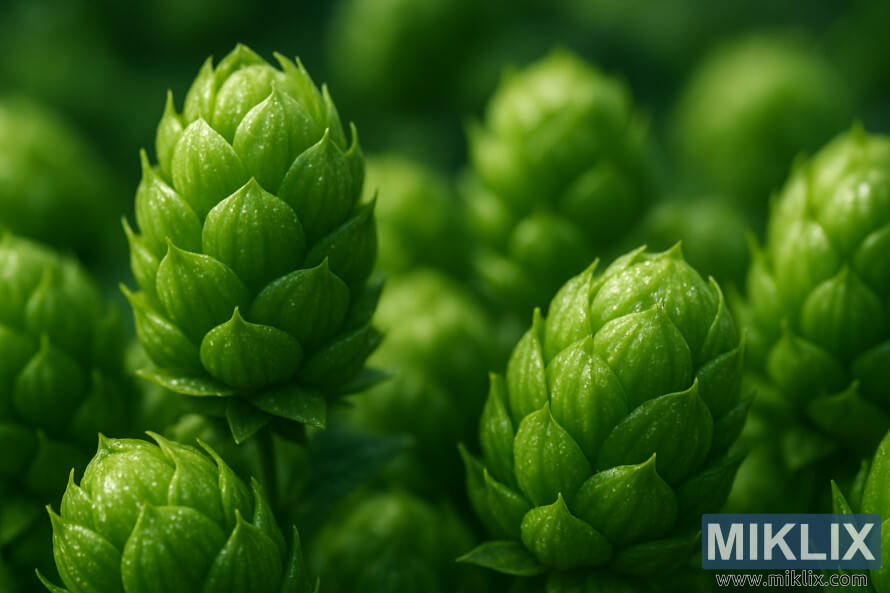 Primer pla de cons de llÃºpol del milÂ·lenni amb glÃ ndules de lupulina brillants en llum natural suau.