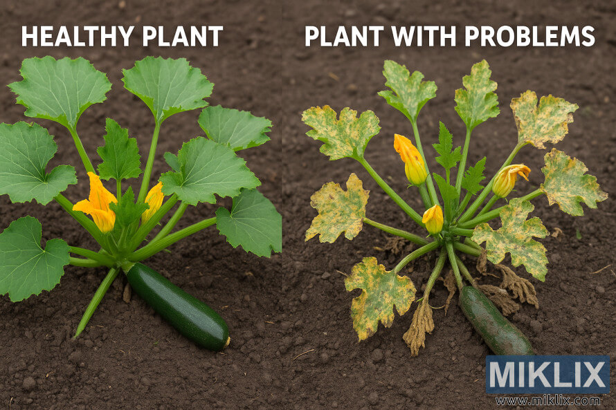 SaÄlÄ±klÄ± bir kabak bitkisi ile yaygÄ±n bÃ¼yÃ¼me sorunlarÄ± gÃ¶steren bir kabak bitkisinin yan yana karÅÄ±laÅtÄ±rmasÄ±.