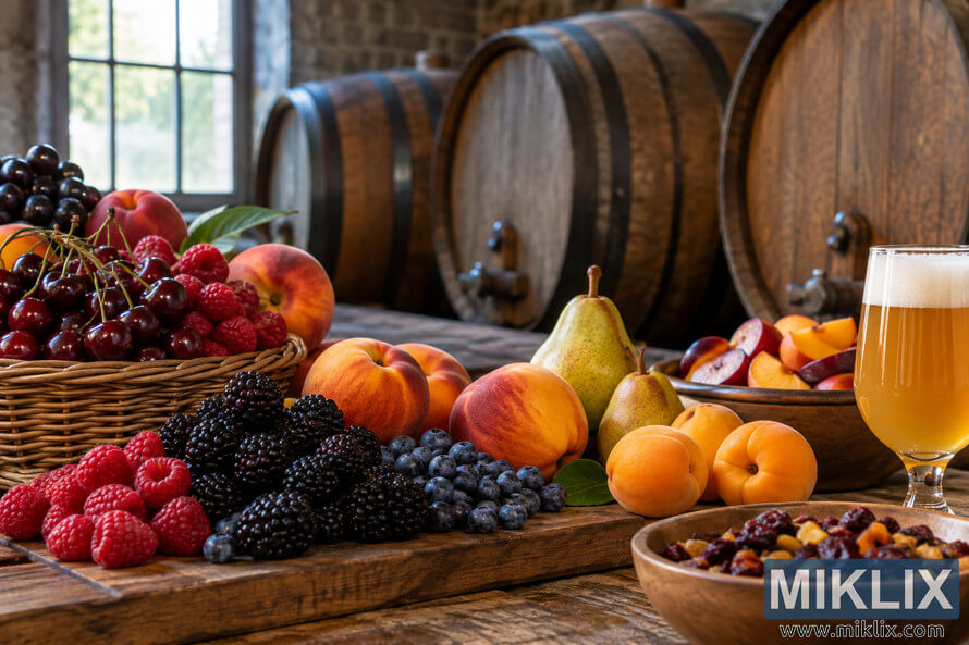 Fresh berries, cherries, peaches, pears and other fruit on a rustic wooden table beside hazy golden beer and wooden barrels. Fresh berries, cherries, peaches, pears and other fruit on a rustic wooden table beside hazy golden beer and wooden barrels.