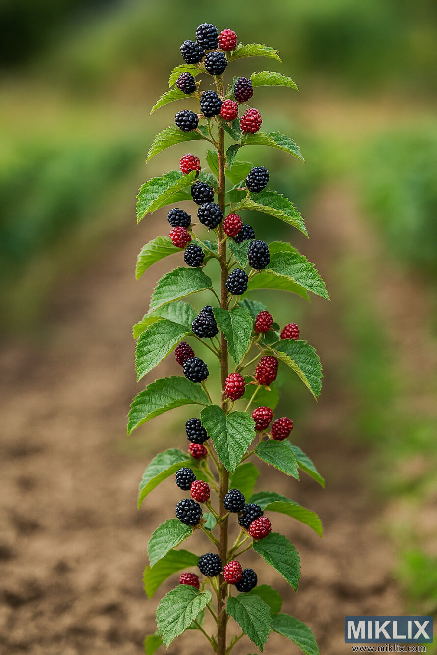 MÃ»rier dressÃ©, poussant droit sans support, portant des baies mÃ»res et vertes dans un champ cultivÃ©.