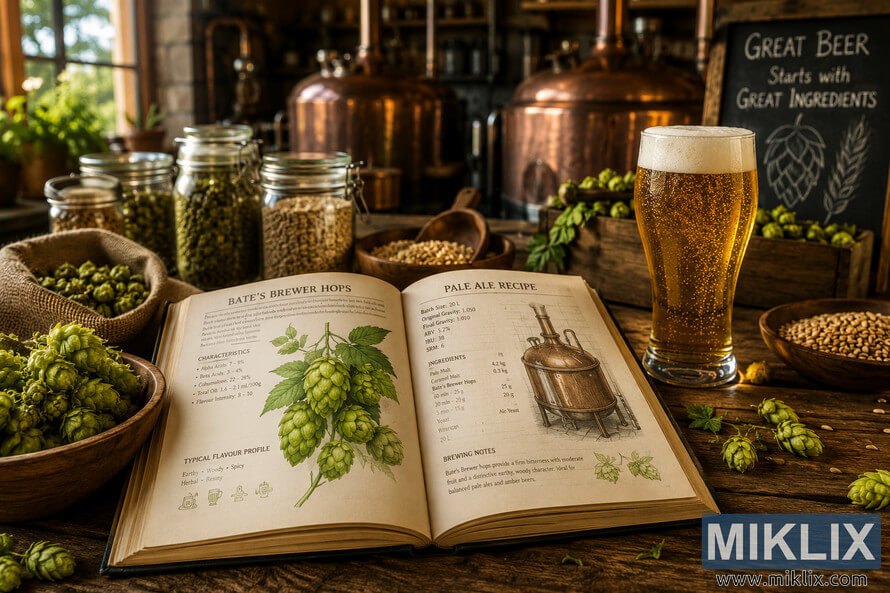 Landscape illustration of an open beer recipe book featuring Bateâs Brewer hops on a rustic wooden table surrounded by fresh hops, malt, brewing ingredients, and a golden craft beer, with copper brewing kettles and shelves of jars in a warm, cozy brewing kitchen.