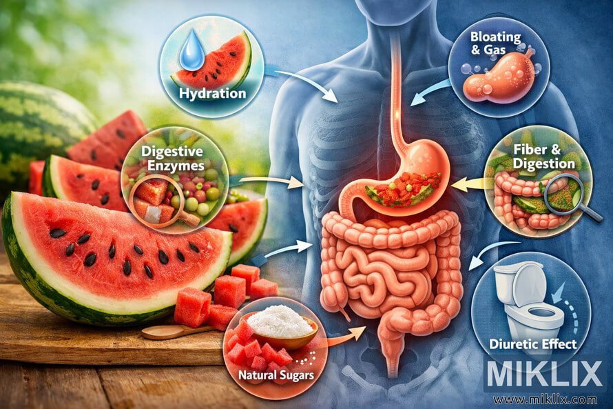 Illustration showing the human digestive system and how watermelon affects hydration, digestion, bloating, enzymes, fiber, natural sugars, and diuretic effects. Illustration showing the human digestive system and how watermelon affects hydration, digestion, bloating, enzymes, fiber, natural sugars, and diuretic effects.