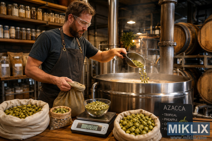 Professional brewer in a modern brewing facility carefully adding fresh Azacca hops into a large stainless steel brew kettle surrounded by brewing tools, hop sacks, barrels, and warm ambient lighting.