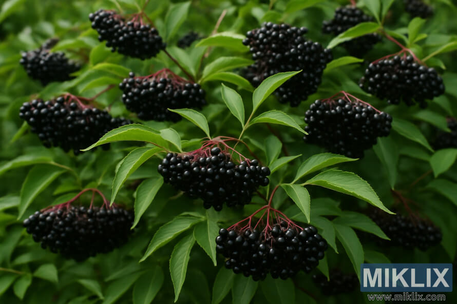 Kluster elderberries ungu poÃ©k asak ngagantung tina rungkun hÃ©jo subur siap panÃ©n.