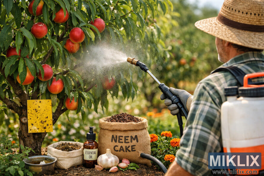 Farmer applying organic pest control spray to a nectarine tree using a backpack sprayer in a sunlit orchard with natural pest management materials visible.