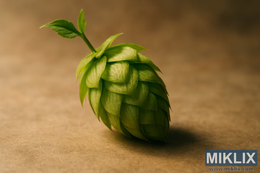 Äerstvo natrhanÃ¡ zelenÃ¡ chmeÄ¾ovÃ¡ Å¡iÅ¡ka s jemnÃ½mi listami, jemne osvetlenÃ¡ na teplom rozostrenom pozadÃ­.