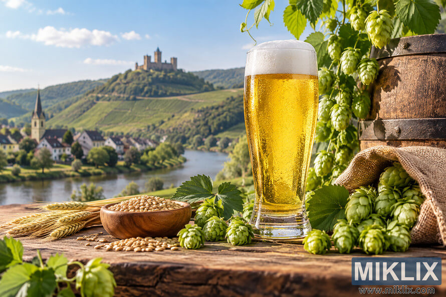 Photorealistic landscape of a golden German-style Pilsner with creamy foam surrounded by fresh green Helga hop cones, barley, wheat, a wooden cask, and a rustic table overlooking a European river valley with a village and hilltop castle. Photorealistic landscape of a golden German-style Pilsner with creamy foam surrounded by fresh green Helga hop cones, barley, wheat, a wooden cask, and a rustic table overlooking a European river valley with a village and hilltop castle.