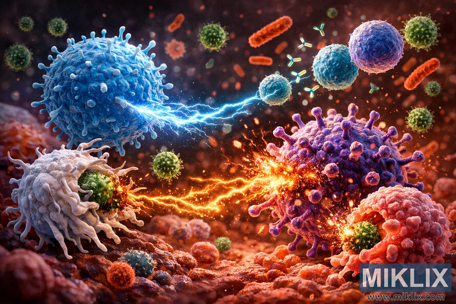Digital microscopic illustration of immune system cells attacking pathogens, showing blue T cells, white macrophages, orange natural killer cells, blue B cells, and reddish-pink neutrophils fighting purple viruses, green spiky bacteria, and rod-shaped microbes in a glowing reddish biological environment. Digital microscopic illustration of immune system cells attacking pathogens, showing blue T cells, white macrophages, orange natural killer cells, blue B cells, and reddish-pink neutrophils fighting purple viruses, green spiky bacteria, and rod-shaped microbes in a glowing reddish biological environment.