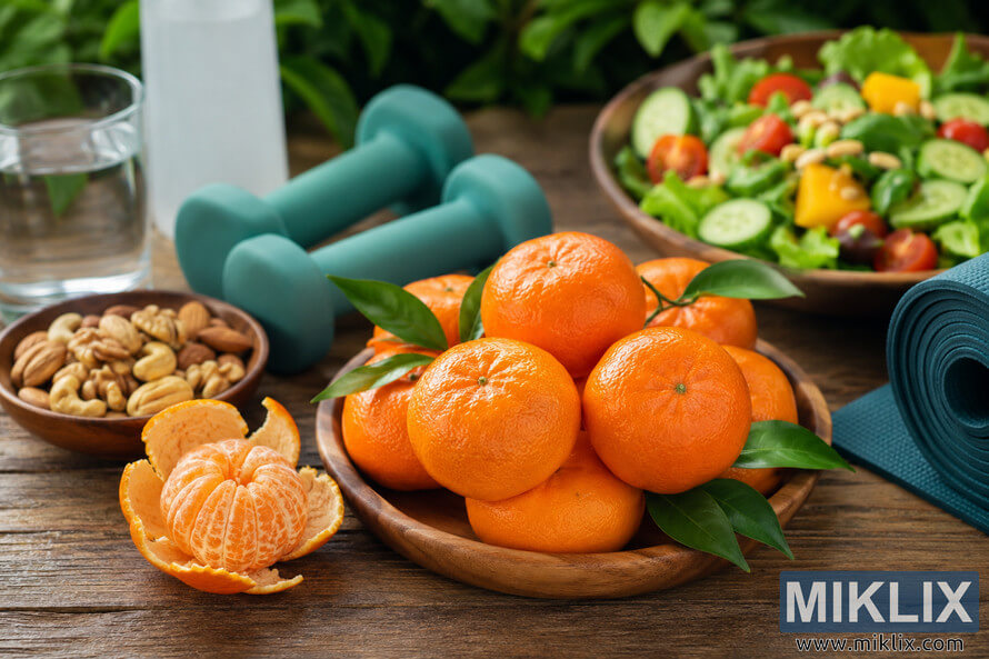 Landscape photograph showing fresh tangerines in a wooden bowl beside a peeled tangerine, mixed nuts, a colorful salad, water, teal dumbbells, and a rolled exercise mat on a rustic wooden table, illustrating a balanced healthy lifestyle without visible branding. Landscape photograph showing fresh tangerines in a wooden bowl beside a peeled tangerine, mixed nuts, a colorful salad, water, teal dumbbells, and a rolled exercise mat on a rustic wooden table, illustrating a balanced healthy lifestyle without visible branding.