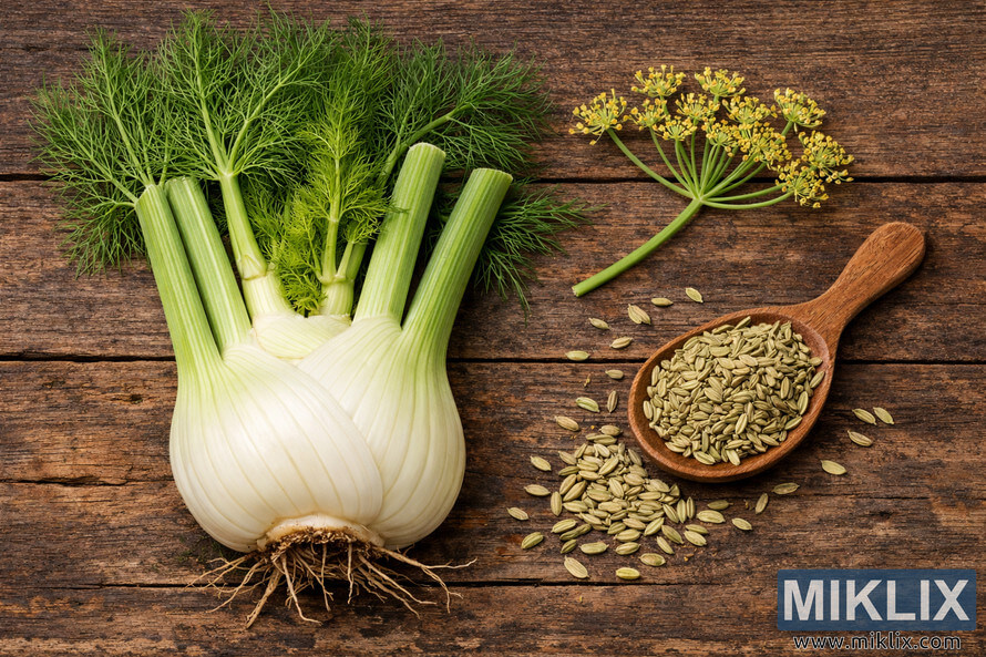High-resolution landscape photo of a complete fennel plant showing bulb, stalks, fronds, flowers, and seeds on a rustic wooden surface. High-resolution landscape photo of a complete fennel plant showing bulb, stalks, fronds, flowers, and seeds on a rustic wooden surface.