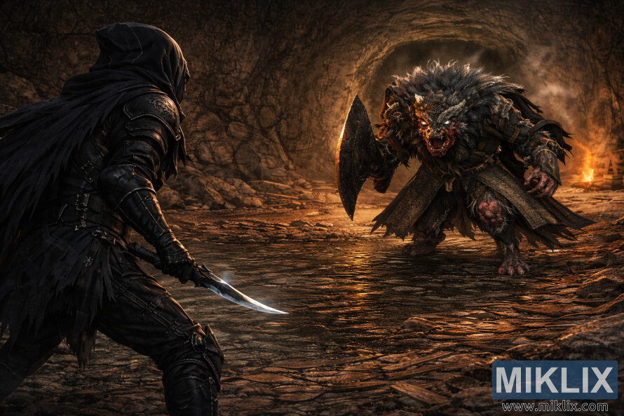 Realisztikus sÃ¶tÃ©t fantasy jelenet egy csuklyÃ¡s, pÃ¡ncÃ©los harcosrÃ³l, aki egy vadÃ¡llattal nÃ©z szembe egy tÅ±zfÃ©nyes barlangban, pillanatokkal a csata elÅtt.