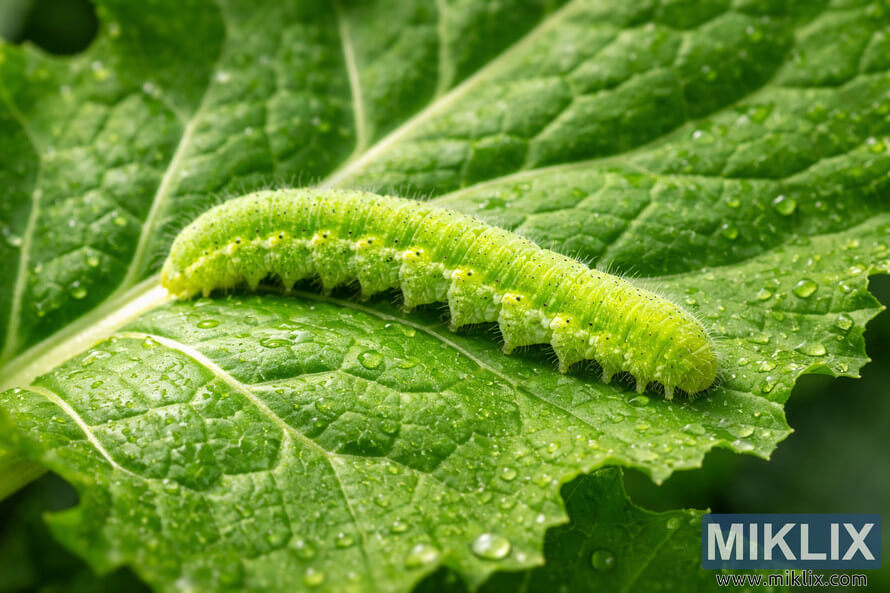 Macro photograph of a bright green cabbage worm caterpillar resting on a textured mustard leaf covered with water droplets.