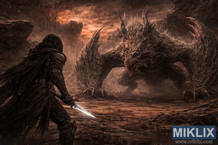 Mroczna scena fantasy ukazujÄca Tarnished od tyÅu po lewej stronie, zwrÃ³conego twarzÄ w twarz z kolosalnym Jagged Peak Drakeâiem gÃ³rujÄcym nad jaÅowym, oÅwietlonym popioÅem krajobrazem.