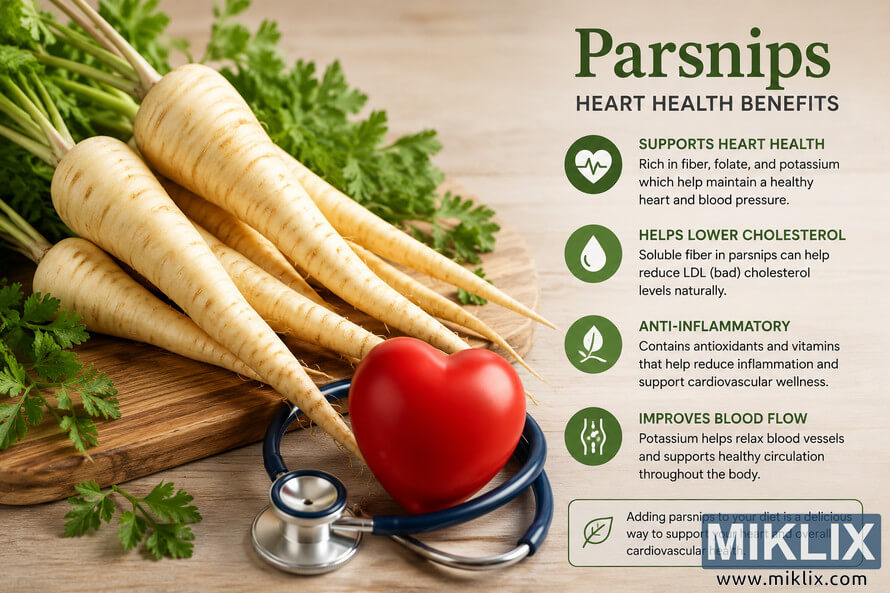 Landscape infographic showing fresh parsnips on a wooden cutting board beside a red heart and a generic stethoscope, alongside educational graphics describing the cardiovascular wellness and heart health benefits associated with parsnip nutrition. Landscape infographic showing fresh parsnips on a wooden cutting board beside a red heart and a generic stethoscope, alongside educational graphics describing the cardiovascular wellness and heart health benefits associated with parsnip nutrition.