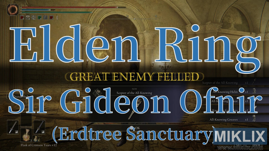 Elden Ring screenshot showing victory over Sir Gideon Ofnir in the Erdtree Sanctuary with “Great Enemy Felled” text and PlayStation trophy icons.