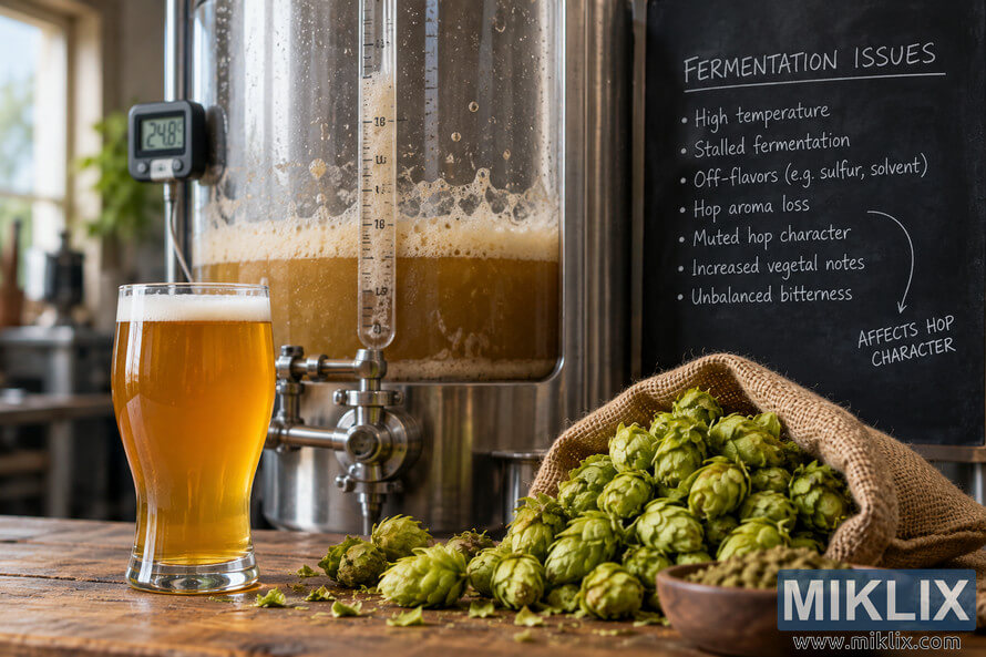 Landscape craft-brewery scene with a golden beer, green hop cones, an active stainless-steel fermenter showing 24.8Â°C, and a chalkboard listing fermentation issues that can affect hop aroma, flavor, and bitterness.