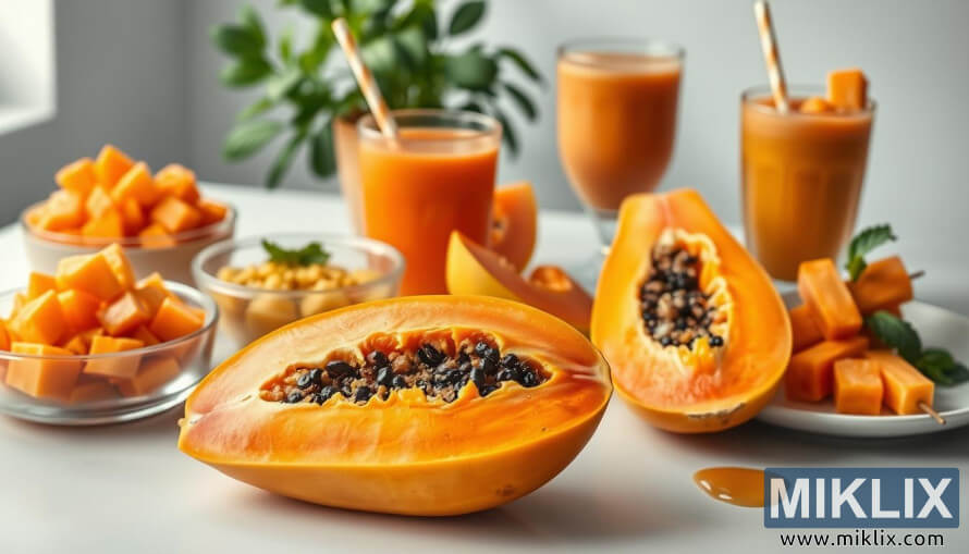 Irisan gedang seger kalayan buah dadu, smoothie, sareng tusuk sate dina lokÃ©t dapur anu terang dina cahaya alami anu lembut.